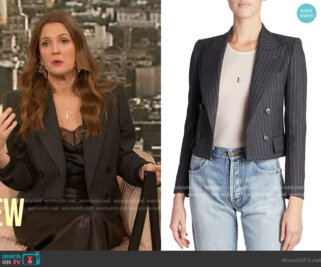 Saint Laurent Cropped pinstriped wool blazer worn by Drew Barrymore on The Drew Barrymore Show