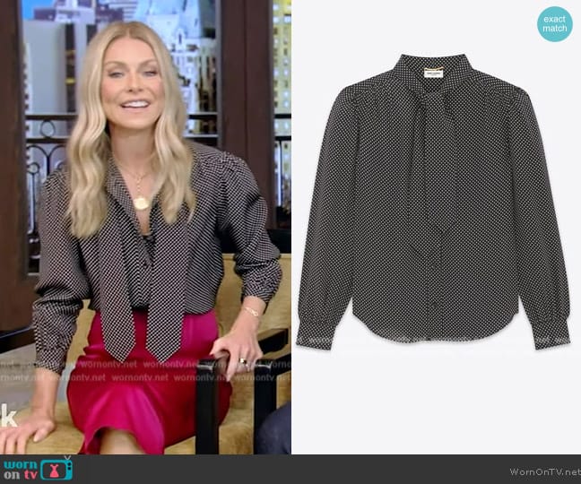 Saint Laurent Lavalliere Neck Blouse in Dotted Silk Satin worn by Kelly Ripa on Live with Kelly and Mark