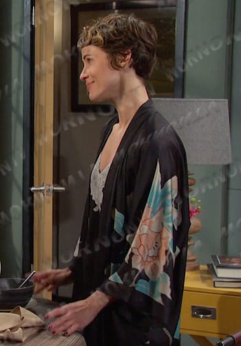 Sarah’s black lace trim chemise and floral robe on Days of our Lives