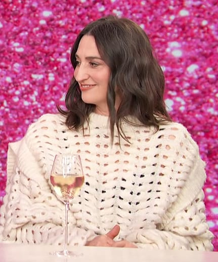 Sara Bareilles’s white crochet knit sweater on Access Hollywood