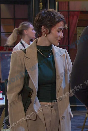 Sarah’s beige pinstripe coat on Days of our Lives