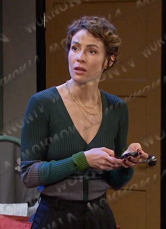 Sarah’s green striped ribbed cardigan sweater on Days of our Lives