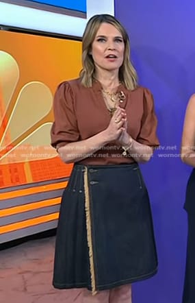 Savannah’s brown puff sleeve top and frayed denim skirt on Today