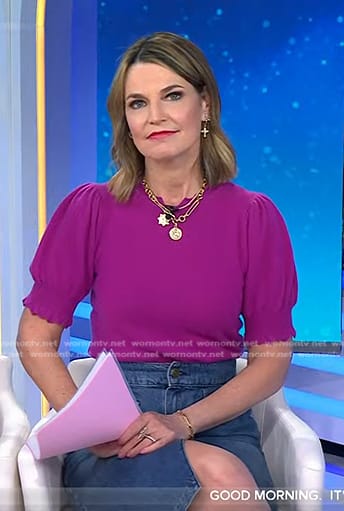 Savannah’s purple puff sleeve top and denim skirt on Today