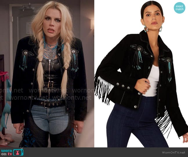 Scully Fringe and Beaded Boar Suede Leather Jacket worn by Summer Dutkowsky (Busy Philipps) on Girls5eva