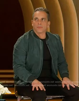 Sebastian Maniscalco’s green suede bomber jacket on Live with Kelly and Mark