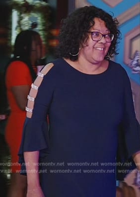 Sheila Matthews’ navy embellished sleeve dress on The Real Housewives of Potomac