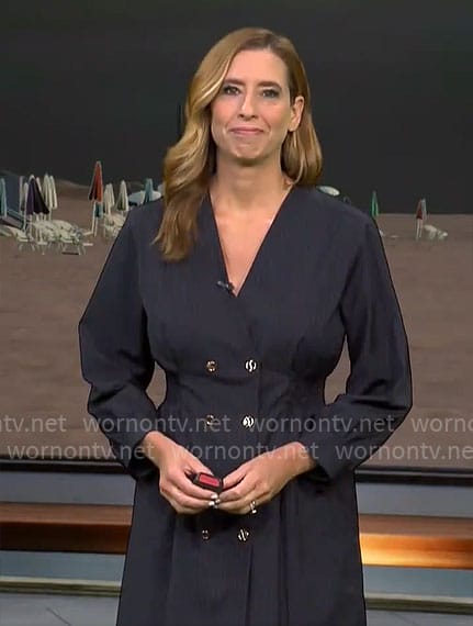 Stephanie Abrams’ navy double-breasted dress on CBS Mornings