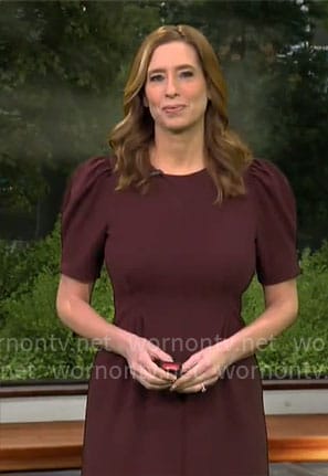 Stephanie Abrams’ burgundy puff sleeve dress on CBS Mornings