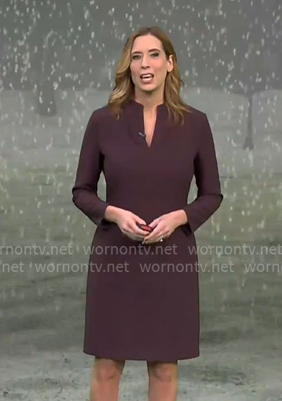 Stephanie Abram’s dark purple split-neck dress on CBS Mornings