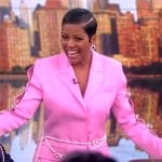 Tamron’s pink embellished bow blazer dress on The View