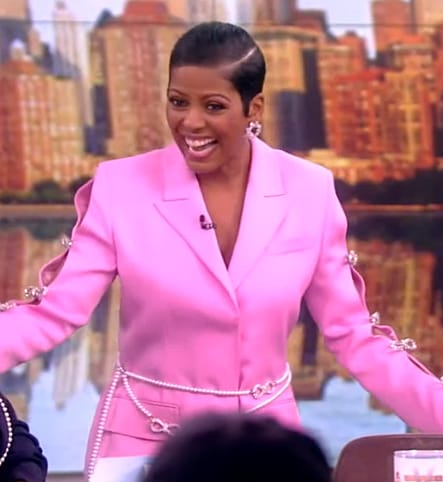 Tamron’s pink embellished bow blazer dress on The View
