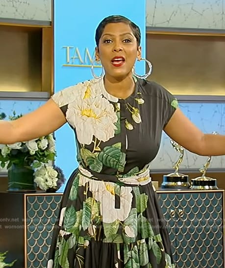 Tamron’s black floral print dress on Tamron Hall Show