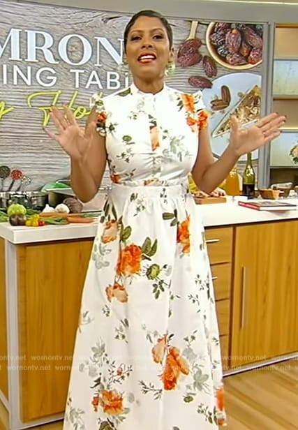 Tamron’s white floral print sleeveless dress on Tamron Hall Show