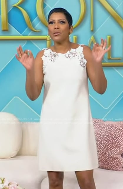 Tamron’s white lace trim mini dress on Tamron Hall Show
