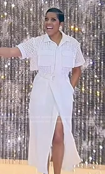 Tamron’s white grid cutouts shirtdress on Tamron Hall Show