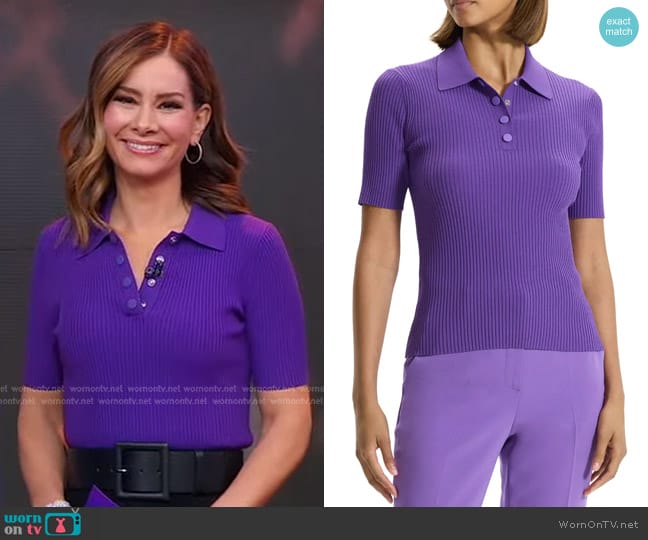 Theory Rib Sweater Polo in Bright Peony worn by Rebecca Jarvis on Good Morning America