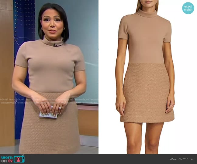 Theory Tweed & Knit Turtleneck Minidress in Palomino worn by Stephanie Ramos on Good Morning America