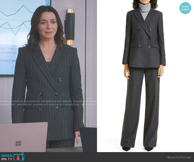 Veronica Beard Ellette Chalk Stripe Stretch Wool Dickey Jacket worn by Amelia Shepherd (Caterina Scorsone) on Greys Anatomy