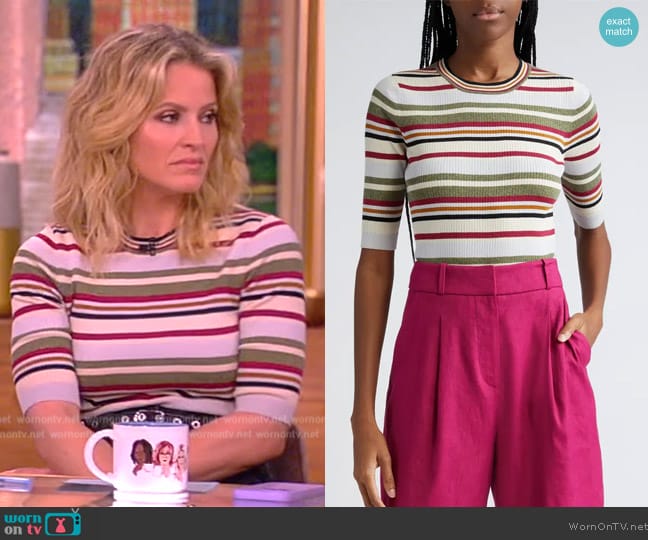 Veronica Beard Kavya striped ribbed-knit sweater worn by Sara Haines on The View