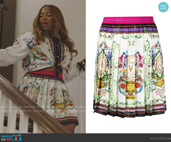 Versace V-Emblem Garden miniskirt worn by Charrisse Jackson Jordan on The Real Housewives of Potomac