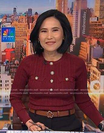 Vicky’s red ribbed button detail top on NBC News Daily