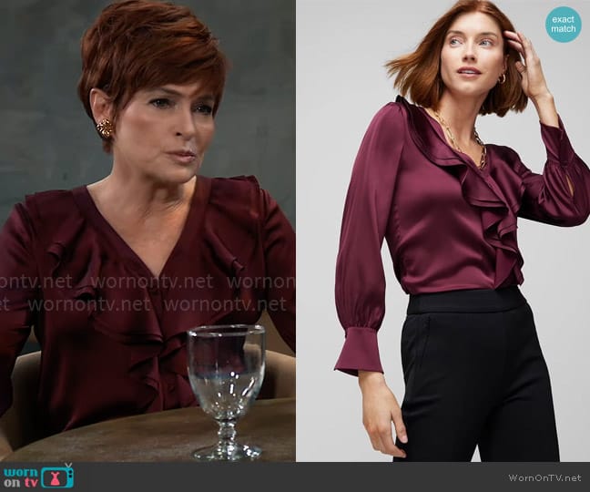 White House Black Market Long Sleeve Ruffle Front Blouse in Port worn by Diane Miller (Carolyn Hennesy) on General Hospital