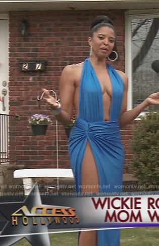 Wickie’s blue leather plunging dress on Girls5eva