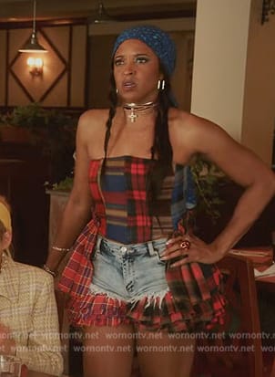 Wickie’s patchwork plaid crop top and shorts on Girls5eva