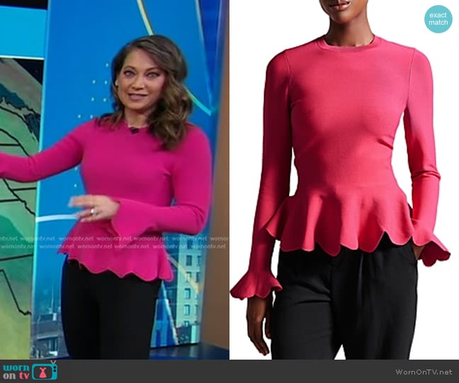 Ted Baker Lillyyy Long Sleeve Peplum Top in Bright Pink worn by Ginger Zee on Good Morning America