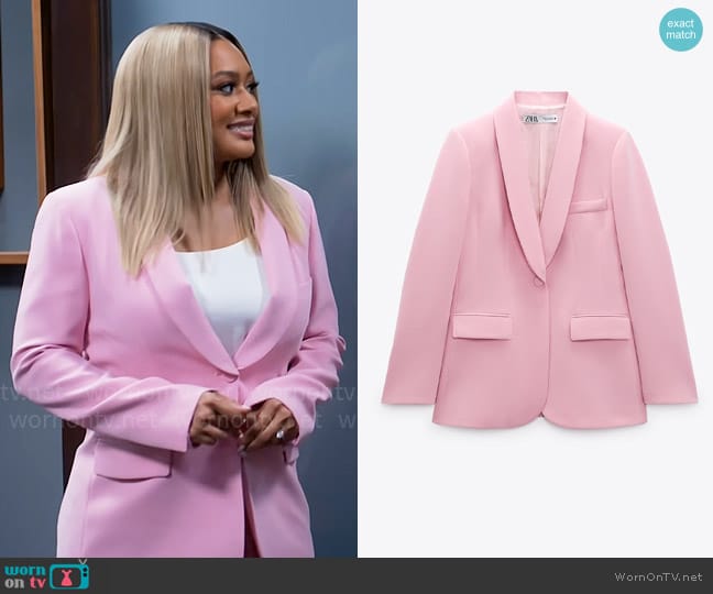 Zara Blazer with Tuxedo Collar in Pale Pink worn by Fatima (Crystal Hayslett) on Tyler Perrys Sistas