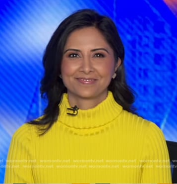 Zohreen Shah’s yellow ribbed turtleneck sweater on Good Morning America