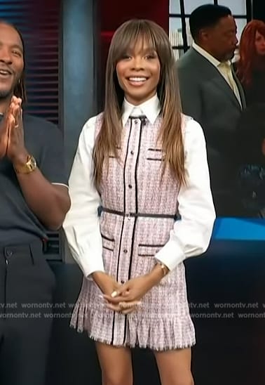 Zuri’s pink tweed button front dress on Access Hollywood