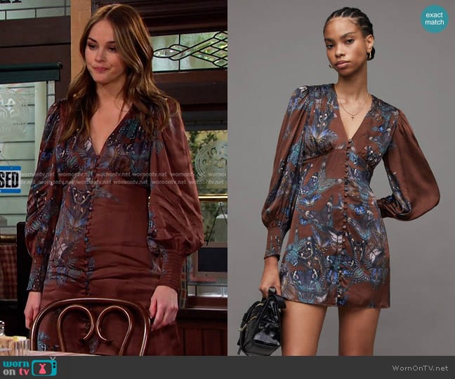 All Saints Auden Diana Butterfly Print Mini Dress in Deep Coffee Brown worn by Stephanie Johnson (Abigail Klein) on Days of our Lives