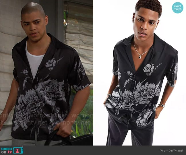 ASOS Design Relaxed revere shirt in black satin floral print worn by Zende Forrester Dominguez (Delon De Metz) on The Bold and the Beautiful