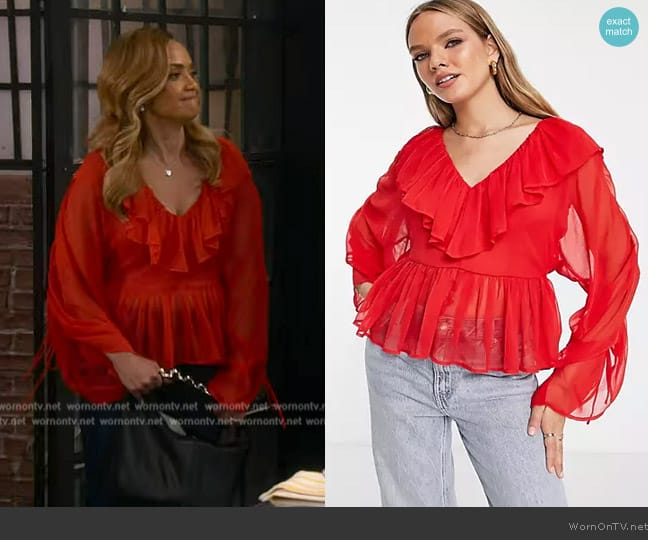 ASOS Ruffled sheer blouse in red worn by (Tammy Townsend) on The Upshaws