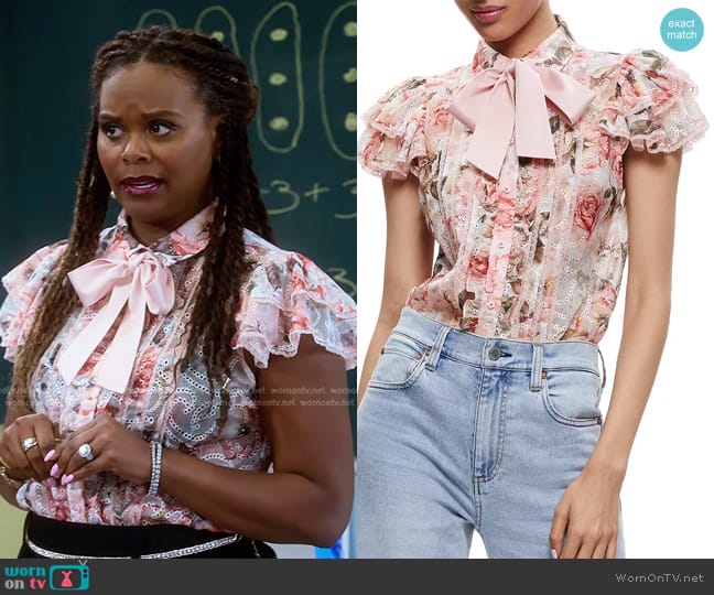 Alice + Olivia Minda Ruffle Sleeve Eyelet Blouse worn by Miss Wilson (Tabitha Brown) on The Upshaws