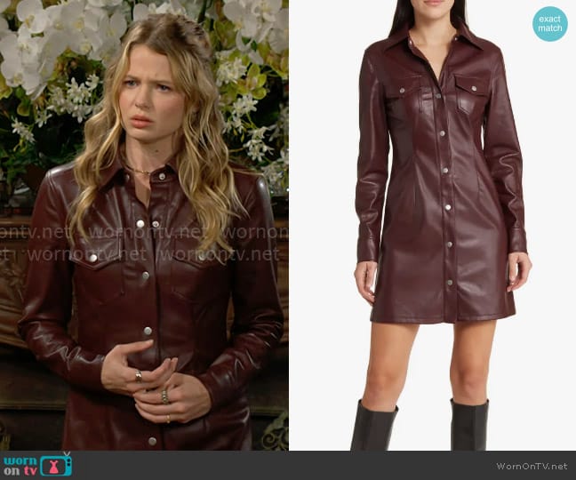 Avec Les Filles Faux-Ever Leather™ Mini Shirtdress in Raisin worn by Summer Newman (Allison Lanier) on The Young and the Restless
