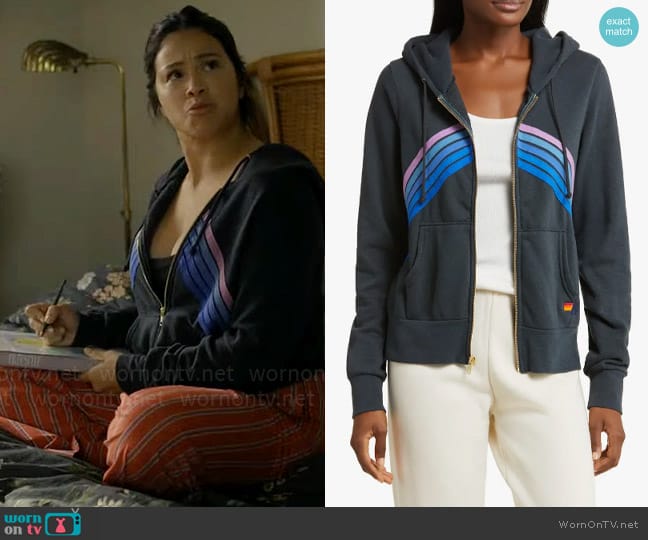 Aviator Nation Mountain Stitch Chevron Hoodie in Charcoal & Blue Purple worn by Nell Serrano (Gina Rodriguez) on Not Dead Yet