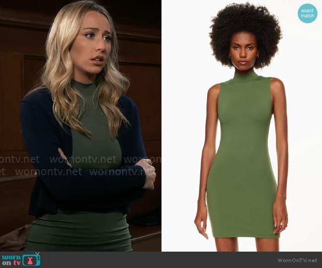 Contour Mockneck Mini Dress in Sencha Green worn by Josslyn Jacks (Eden McCoy) on General Hospital