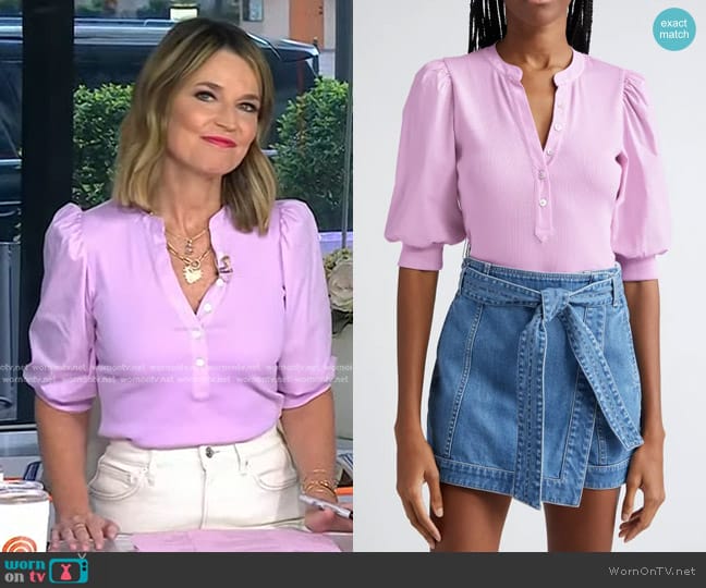 Veronica Beard Coralee Top in Barely Orchid worn by Savannah Guthrie on Today