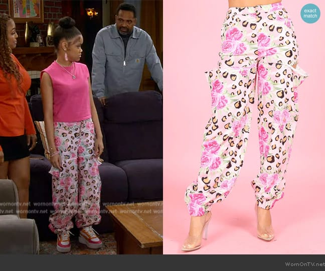 On The Runway Fashion Floral Cheetah Pants worn by Aaliyah Upshaw (Khali Spraggins) on The Upshaws