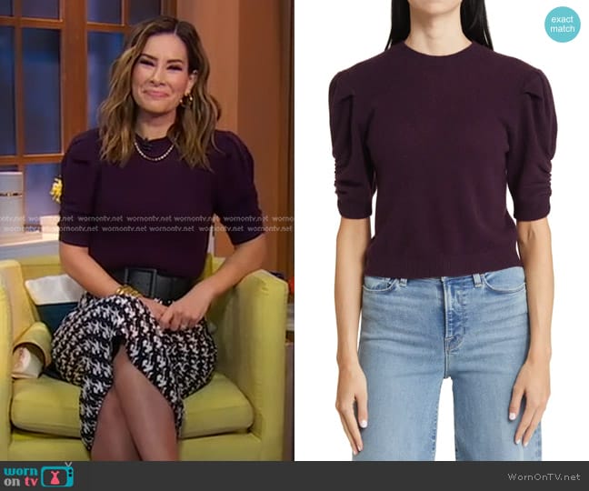 Frame Ruched Sleeve Recycled Cashmere Blend Sweater in Plum worn by Rebecca Jarvis on Good Morning America