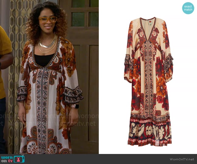 Farm RIO Winter Tapestry V-Neck Maxi Dress worn by Courtney (Skye Townsend) on The Neighborhood