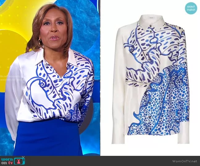 Ferragamo Printed Silk Button-Up Blouse in Toni Lapis Off White worn by Robin Roberts on Good Morning America