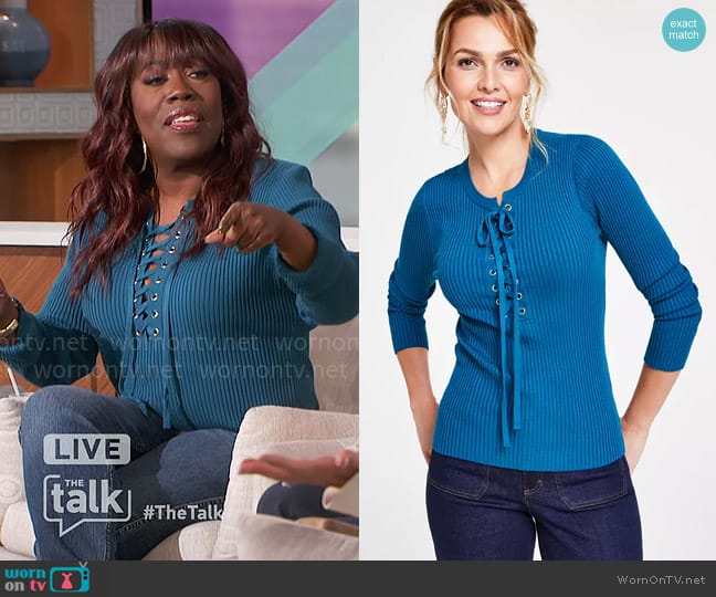 INC International Concepts Lace-Up Ribbed Sweater worn by Sheryl Underwood on The Talk