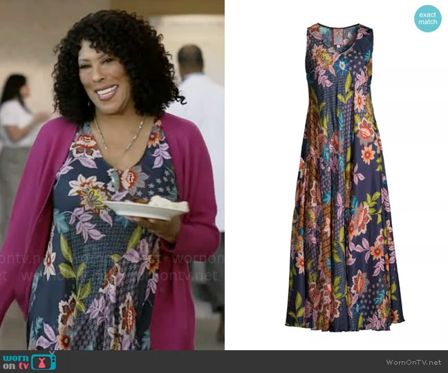 Johnny Was Delfino Silk Slip Maxi Dress worn by Cricket (Angela Gibbs) on Not Dead Yet