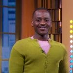 Ncuti Gatwa’s green cardigan and speckled pants on Good Morning America