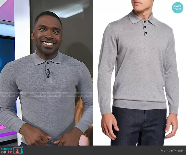 Neiman Marcus Cashmere/Silk Long-Sleeve Polo Sweater worn by Justin Sylvester on Today
