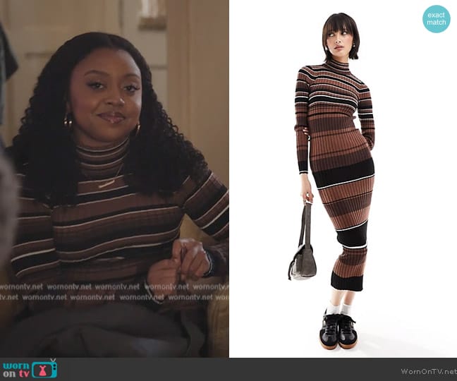 ASOS Only high neck ribbed maxi dress in brown stripe worn by Janine Teagues (Quinta Brunson) on Abbott Elementary